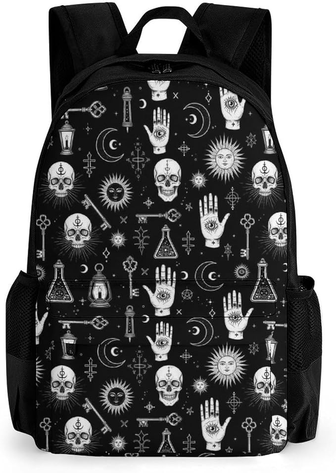 Adults Lightweight Halloween Goth Gothic Raven Crow Skull Sun Moon Tattoos Rucksacks Large Capacity Bookbag With Adjustable Shoulder Straps for Trekking Outdoors Bicycle