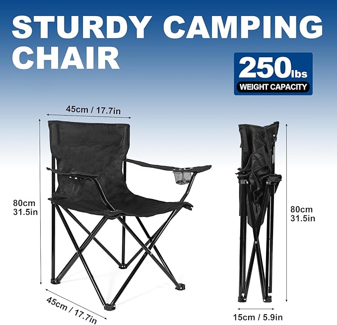 2 Pack Lightweight Camping Chairs for Adults & Teens, 250LBS Capacity Foldable Portable Chairs with Carry Bag, Compact Design for Camping, Beach, Picnics, and Outdoor Events
