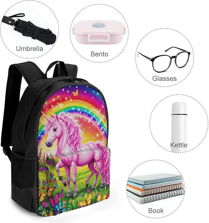 Supdreamc Daypack Backpack Multipurpose Anti-Theft Large Capacity Bookbag, Rainbow Unicorns And Butterflies Travel Hiking Camping Rucksack With Adjustable Shoulder Straps
