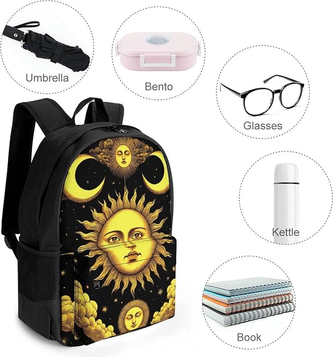 Polyester Daypack for Camping Travel Walking Cycling, Big Capacity Anti-Theft Multipurpose Bookbag, Sun Crescent Moon Stars Astrology Tarot Cards Camping Outdoor Backpack