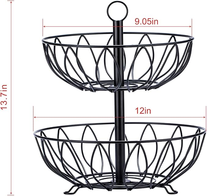 Rice rat Fruit Stand Vegetables Basket Counter Top Fruit Basket Bowl Storage for Kitchen Home Metal Cast Iron (2 Tier-Black)