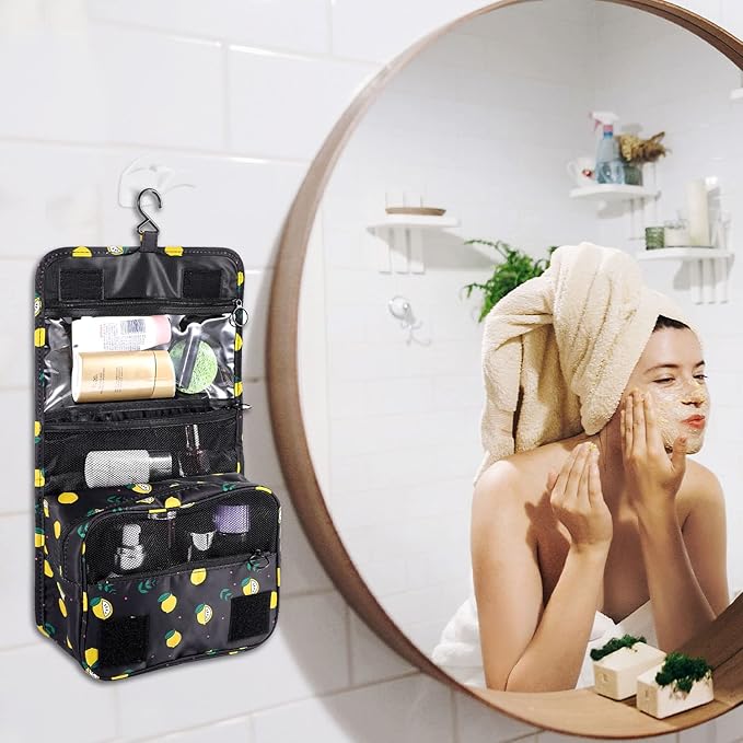 Pengxiaomei Toiletry Bag for Women, Waterproof Hanging Cosmetic Bag Portable Travel Makeup Pouch Multifunction Handle Bathroom Bag for Mothers Day Gifts (Black Lemon)