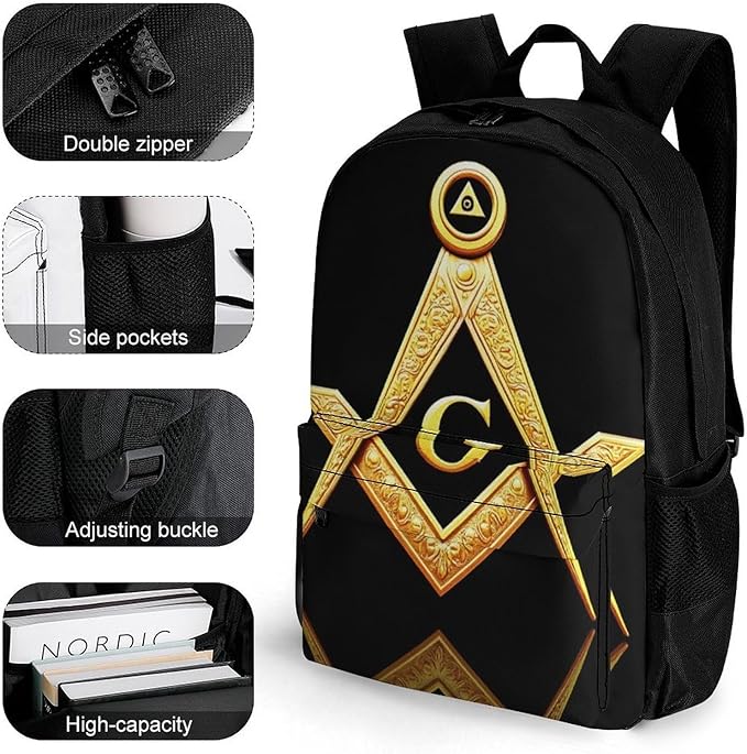 Polyester Daypack Backpack for Climbing Outdoors Running, Big Capacity Multipurpose Anti-Theft Bookbag, Gold Freemason Freemasonry Masonic Travel Hiking Camping Rucksack