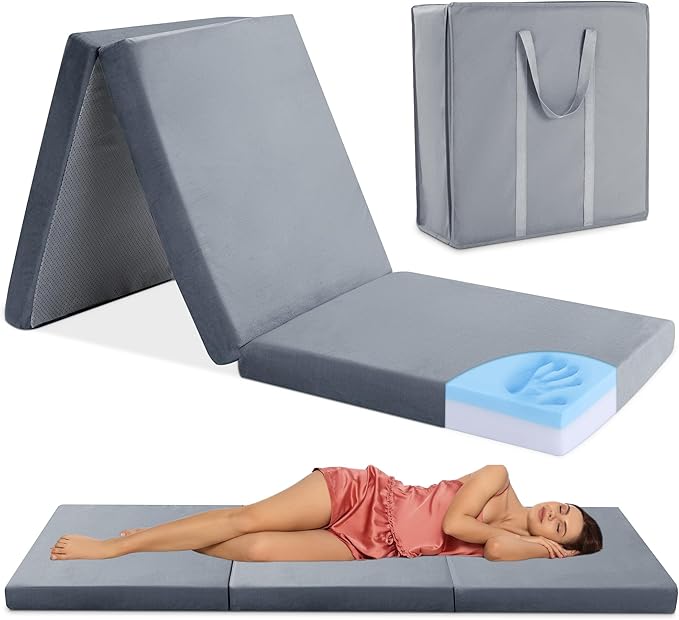 HOMBYS Tri Folding Memory Foam Camping Mattress for Outdoor Sleeping, Portable Waterproof Camping Pad Mat for Travel Truck Bed Tent