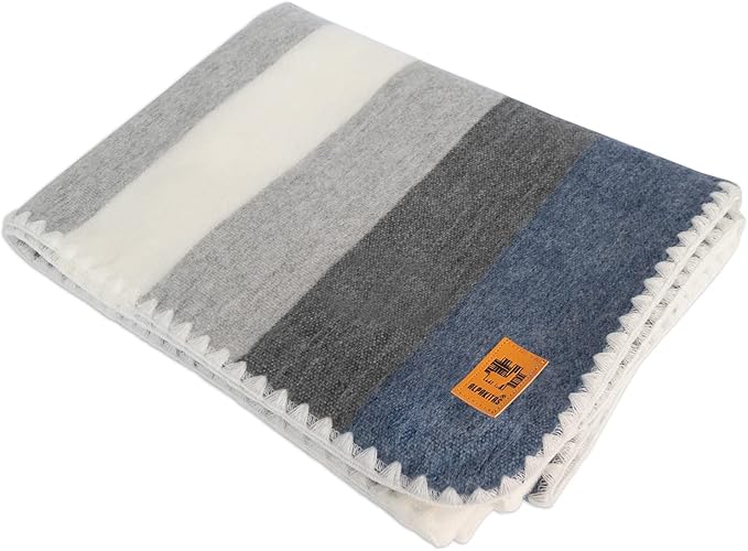 Alpaca Wool Blanket - Queen Size Bed Blanket - Best Gift & Warm Throw, Lightweight, Couch or Camp- Outdoor - 87 x 64 inches (Gray & Blue)