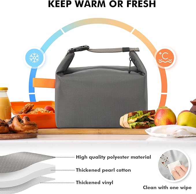 Lunch Bag for Women & Men Fresh Keep Lunch Box, Small Leakproof Cooler Bag Food Lunch Containers High Capacity Reusable Lunch Tote Bags for Work, Office, Picnic, Travel (Grey)