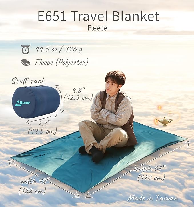 Litume Travel Camping Blanket Lightweight and Breathable, 67 x 48 in Soft Airplane Flight Blanket for Travelers, Foldable Sheet with Stuff Sack for Train, Camp, backapcking, Office, Home