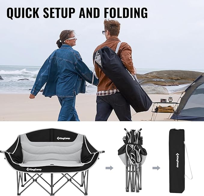 KingCamp Double Camping Chair, Oversized Heavy Duty 550lbs Loveseat for Adults Portable Folding XL 2 Person Couch Padded Comfortable Two Seat with Cup Holder for Outdoor Lawn Backyard, Black/Grey
