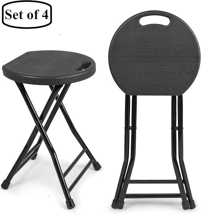 Set of 4 Folding Stool, Foldable Stool with Handle, Portable Stools for Adults Heavy Duty, Folding Chair Outdoor/Indoor, 18 inch Collapsible Stool for Meeting Room/Party/Garden/Home (Black)