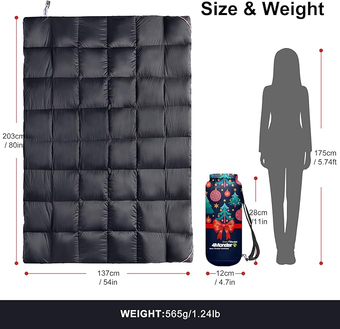 4Monster Down Camping Blanket - Outdoor Travel Quilt Puffy 650 Fill, Packable, Lightweight,Wind & Waterproof | Ideal for Stadium, Backpacking,Picnics, Beach and Hiking