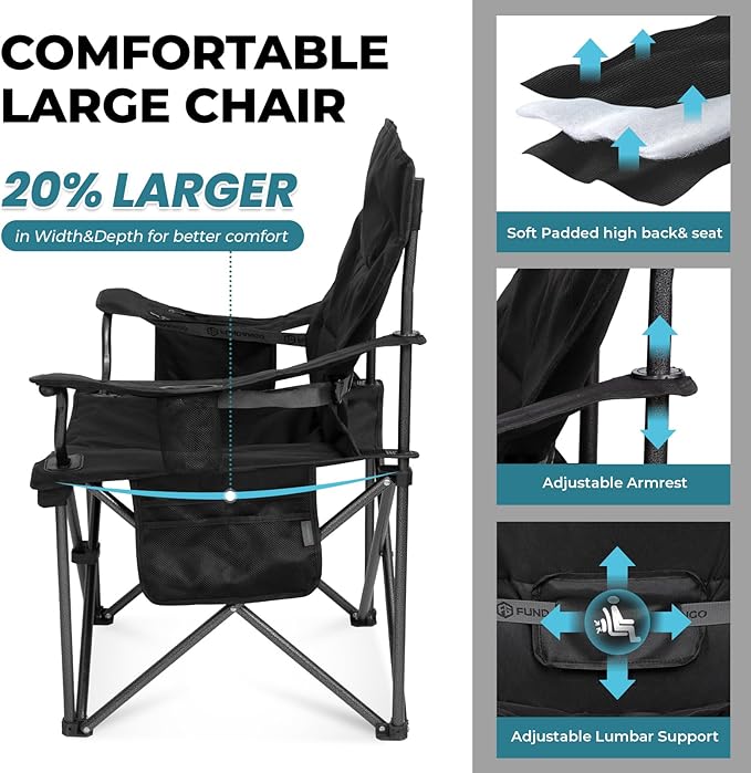 FUNDANGO Oversized Camping Chair for Adults, 2 Pack, Heavy Duty Foldable Portable Lawn Chair with Padded Seat & Back, Lumbar Support, 4-can Cooler & Cup Holder, Carry Bag Included for Outdoor (Black)