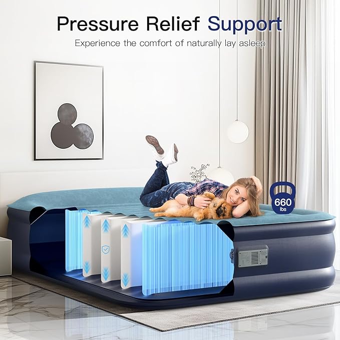 Queen Air Mattress 20” Top Pillow with Built in Pump, 2 Mins High Speed Inflation Luxury Auto Stop Pump Blow Up Mattress Comfort Air Bed, Colchones Inflables