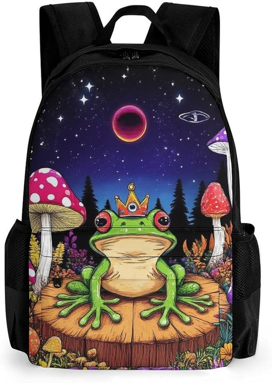 Supdreamc Rucksack Polyester Anti-Theft Multipurpose Magic Mushrooms Frog Trippy Art Bookbag Big Capacity Travel and Sport Backpack Rucksack With Side Pockets