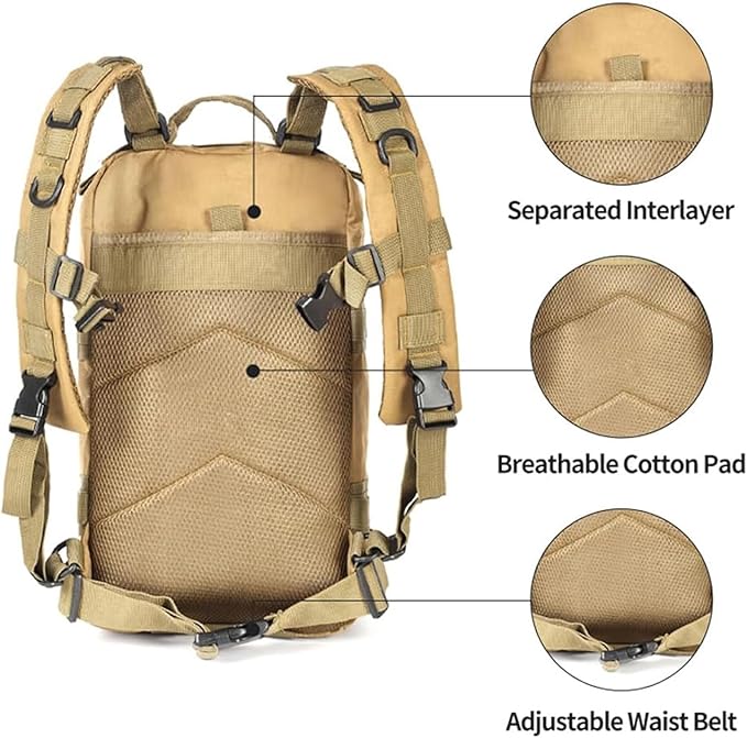 Lawaia Small Tactical Backpack Military Survival Molle Army Go Bag Hunting Gym Rucking Hiking Camping Motorcycle Rucksack With Weights for Men and Women 30L (Khaki)