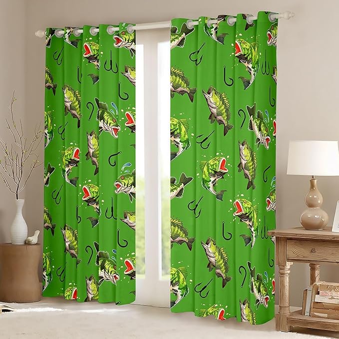 Manfei Fishing Blackout Curtains Green Pike Fish Window Drapes,Fishing and Hunting Theme Window Treatments,Kids Boys Girls Room Decor,Grommet Top 2 Panel Set Bedroom Curtains, 38Wx54L inch