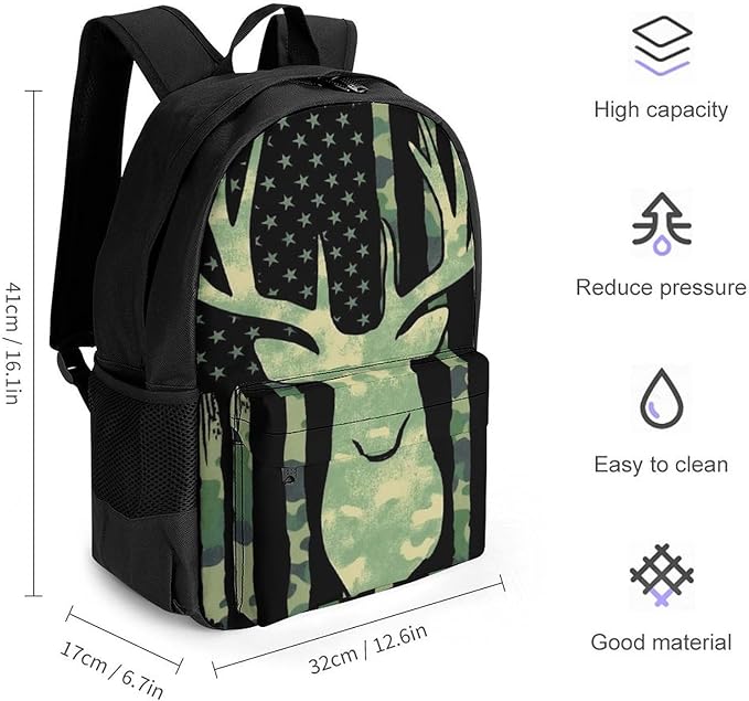 Polyester Daypack Bookbag for Gym Business Bicycle, Large Capacity Multipurpose Anti-Theft Carry On Bag, Camouflage American Flag Hunting Deer Camo Travel Hiking Daypack