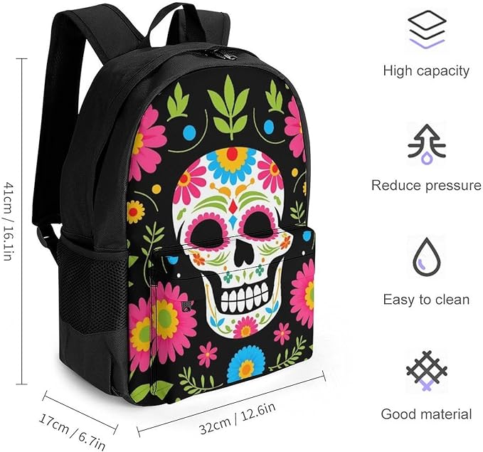 Supdreamc Backpack Polyester Anti-Theft Multipurpose Mexican Day Of Dead Flower Traditional Sugar Skull Bookbag Large Capacity Laptop Book Bag Rucksack With Side Pockets
