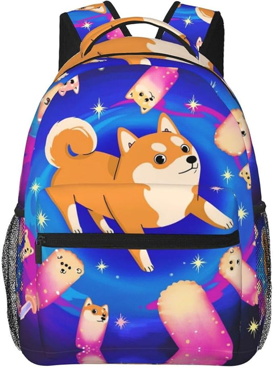 Daypack Bookbag Multipurpose Anti-Theft Big Capacity Carry On Bag, Purple Space Corgi Dog Art Travel Hiking Camping Rucksack With Padded Straps