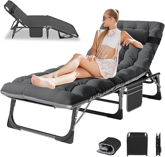 LILYPELLE Lounge Chair with Mattress, Heavy Duty Outside Lounge Chair Outdoor Portable Folding Lounge Chairs Sleeping Cots Bed for Camping, Pool, Beach, Patio