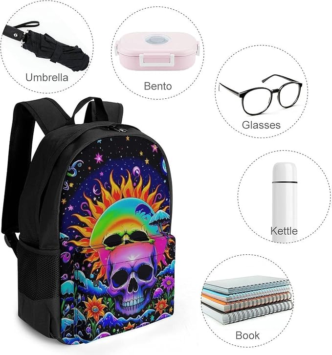 Men Women Polyester Psychedelic Skull Sun And Moon Neon Art Daypack Bookbag Big Capacity Shoulder Bag With Padded Straps for Climbing Travel Walking Cycling