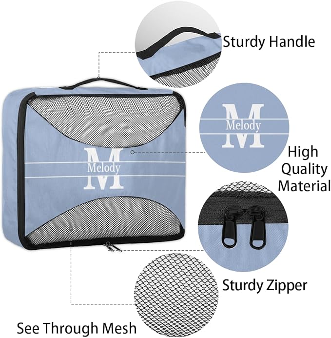 Custom Name Compression Packing Cubes Luggage Organizer Bags for Travel, Double Zipper Packing Cubes for Suitcases, Dark Sky Blue with Initial Letter