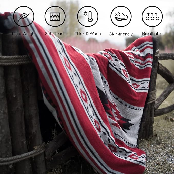 Aztec Patterned Throw Blanket with Soft Sherpa Lining, Traditional Southwestern Navajo Tribal Style Warm Throw for Camping, Outdoor, Light Weight Cozy Boho Blanket for Couch, Sofa, Bed, 60”x80”, Red