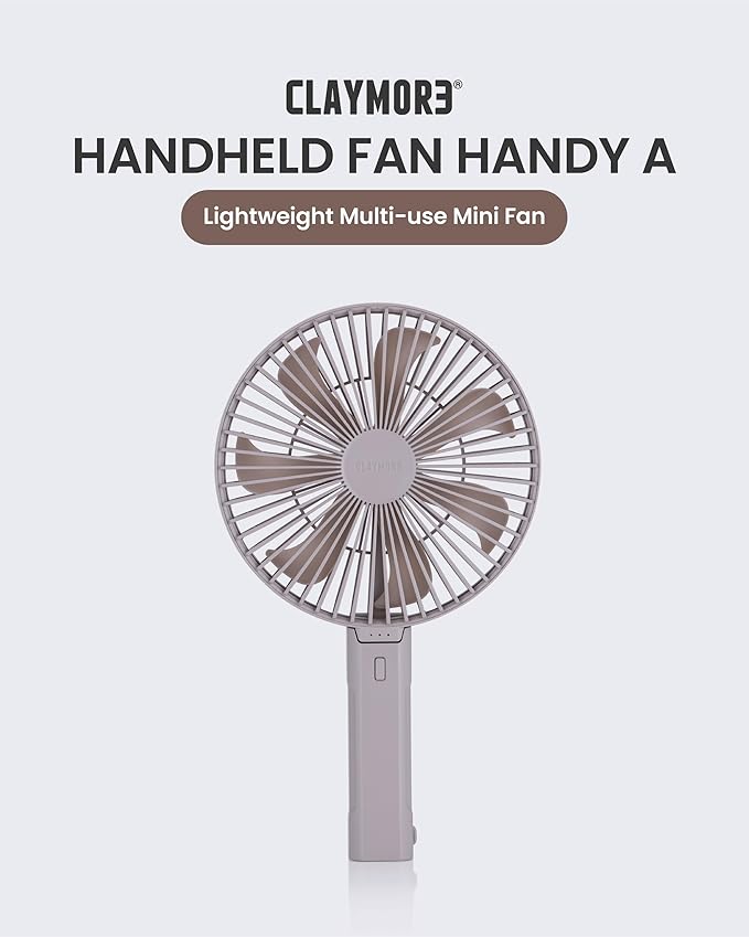 Claymore Handy A (Gray) Portable Handheld Fan – BLDC Motor Foldable, 4,900mAh Rechargeable, USB-C Charging, 3 Speed Settings Function Personal Fan for Travel, Outdoor & Indoor Use.