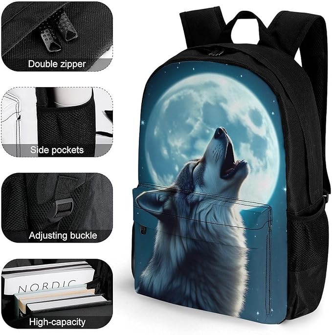 Men Women Lightweight Full Moon Wolf Backpack Large Capacity Bookbag With Smooth Zippers for Gym Business Running