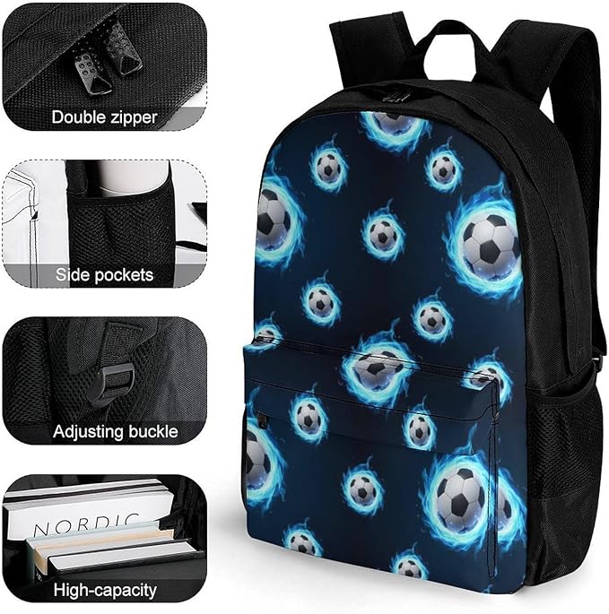 Stylish Outdoor Backpack Gym Bag with Large Capacity for College, Blue Fire Flame Soccer Football College Bookbag