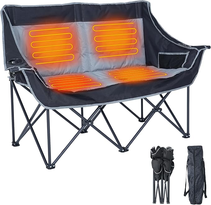 DoCred Heated Double Camping Chair, Heated Folding Camping Chairs Loveseat Outdoor Sports,Heating Oversized Loveseat Chairs for Adults,2 Person Camp Chair with 3 Heat Levels, Battery NOT Included