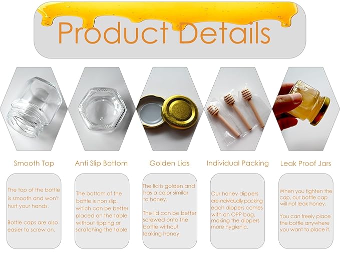 Ahhute Honey Jar, Mini Honey Jars with Dipper, Glass Honey Pot Baby Shower Favors, Party Favors & Wedding Favors, Hexagon Honey Container with Lid, Bee Charms, Fabric Ribbons and Bags, 20 Pack 1.5oz