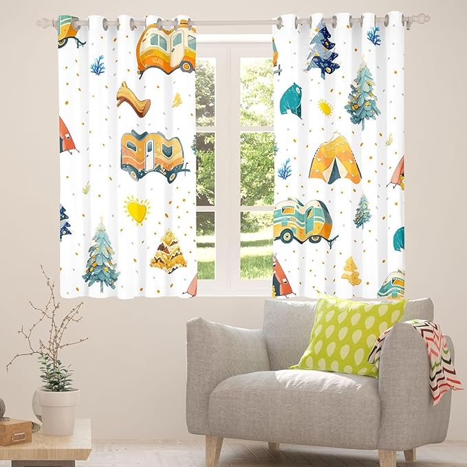 Feelyou RV Camping Camper Curtains for Bedroom Living Room Adventure Camper Blackout Darkening Drapes Happy Camping Window Treatments, 2 Panels 42 x 63 Inch Room Decor