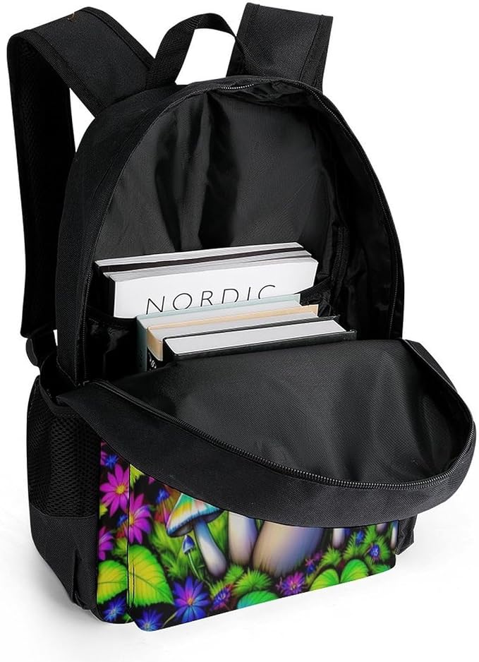 Women Men Polyester Risks Of Magic Mushrooms Casual Daypack Large Capacity Bookbag With Side Pockets for Sports Picnic Walking Cycling