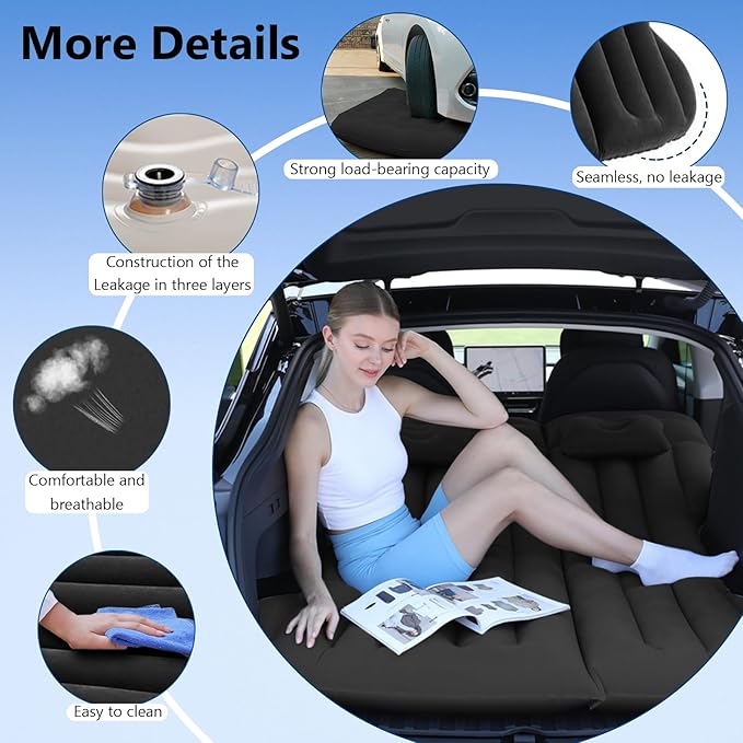 Car Air Mattress, Inflatable Bed Compatible with Tesla Model Y, Thickened Comfortable Durable, Foldable Mattress for Trunk/Rear Seat, Air Bed for Sleep Camping Travel (Black)