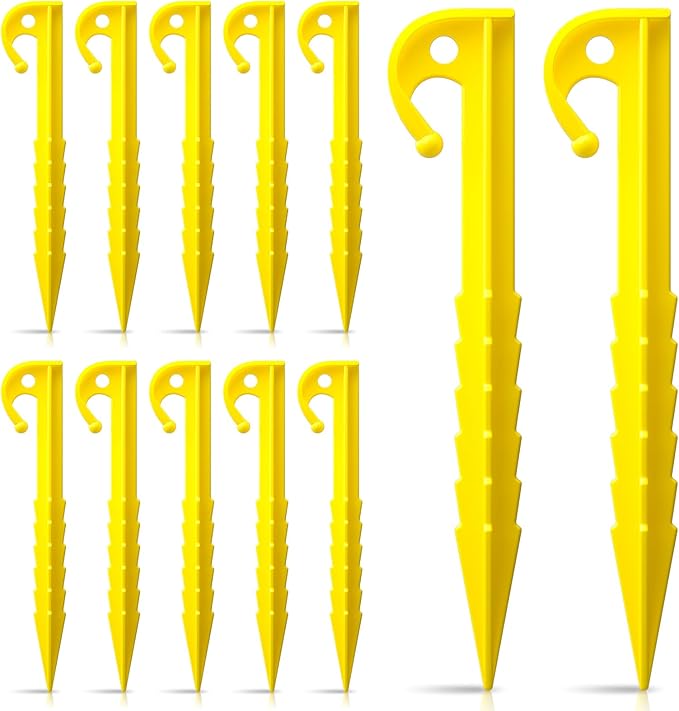 12 Pack Plastic Tent Stakes,5.7 inches, Ideal for Sand, Camping, Backpacking, Beach, Garden, and Lawn use. Durable, Rust-Resistant, and Reliable Support.(Yellow)