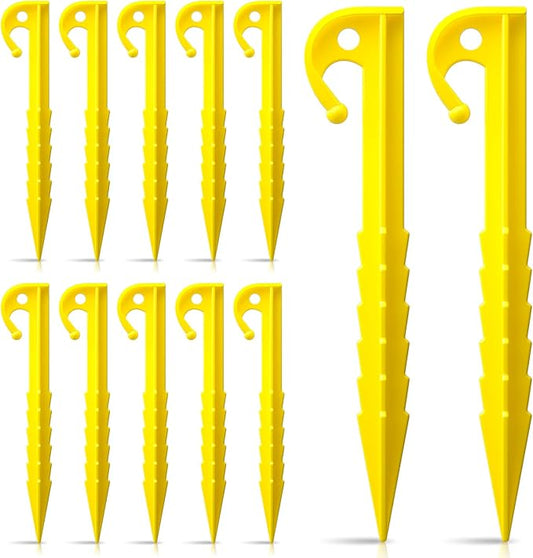 12 Pack Plastic Tent Stakes,5.7 inches, Ideal for Sand, Camping, Backpacking, Beach, Garden, and Lawn use. Durable, Rust-Resistant, and Reliable Support.(Yellow)