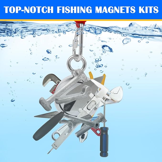 VNDUEEY 1725 Lbs Complete Magnet Fishing Kit, Fishing Magnet Kit with Carry Case, Heavy Duty 65FT Rope, Grappling Hook, Gloves & Locking Carabiner - Strong Magnets for Treasure Hunting