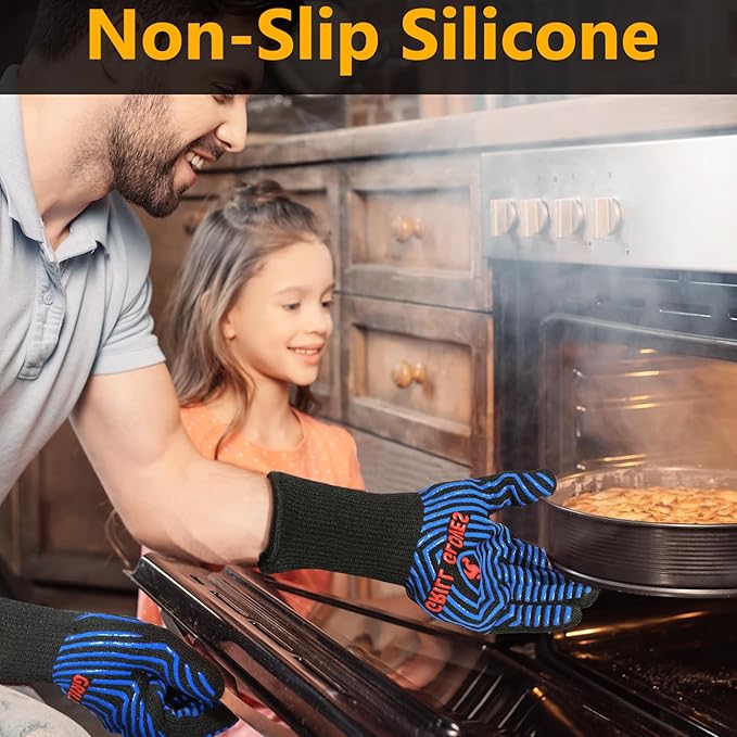 QUWIN BBQ Gloves, Oven Gloves 1472℉ Extreme Heat Resistant, Grilling Gloves Silicone Non-Slip Oven Mitts, Kitchen Gloves for BBQ, Grilling, Cooking, Baking-1 Pair… (Black Blue, One SizeLong Cuff