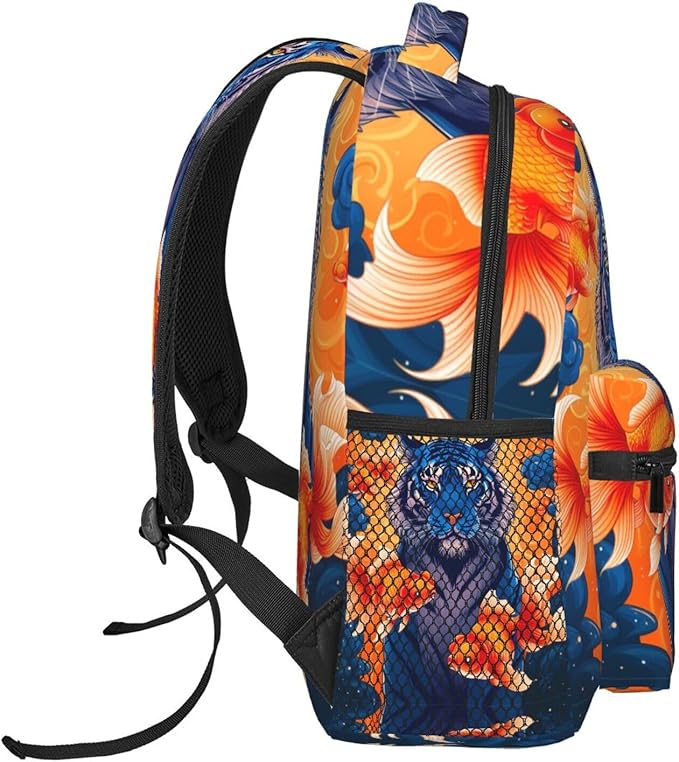 Shoulder Book Bags Anti-Theft Multipurpose Big Capacity Bookbag, Watercolor Tiger Gold Fish Art Travel Hiking Backpack With Smooth Zippers