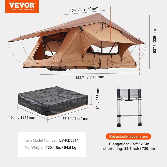 VEVOR Rooftop Tent Hard Shell, 2-3 Person Aluminum Roof Top Tent Hardshell with Tri-Color LED Light, Thick Mattress & 1 Window, Waterproof Windproof Overland Camping Car Roof Rack for Jeep SUV Pickup