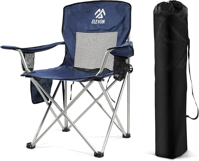Elevon Camping Chair, Portable Folding Outdoor Chair with Arms, Cup Holder and Carry Bag