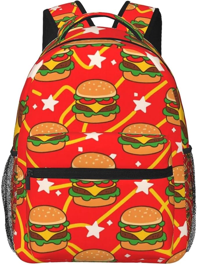 Women Men Polyester Red Hamburgers French Fries Casual Daypack Large Capacity Bookbag With Side Pockets for Sports Picnic Walking Cycling