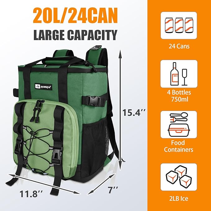 Cooler Backpack, AYAMAYA 24 Cans Insulated Lunch Backpack Cooler Leakproof, Keeps Hot/Cold for Up to 16 Hours, Lightweight Waterproof Beach Travel Camping Cooler Bag for Men and Women