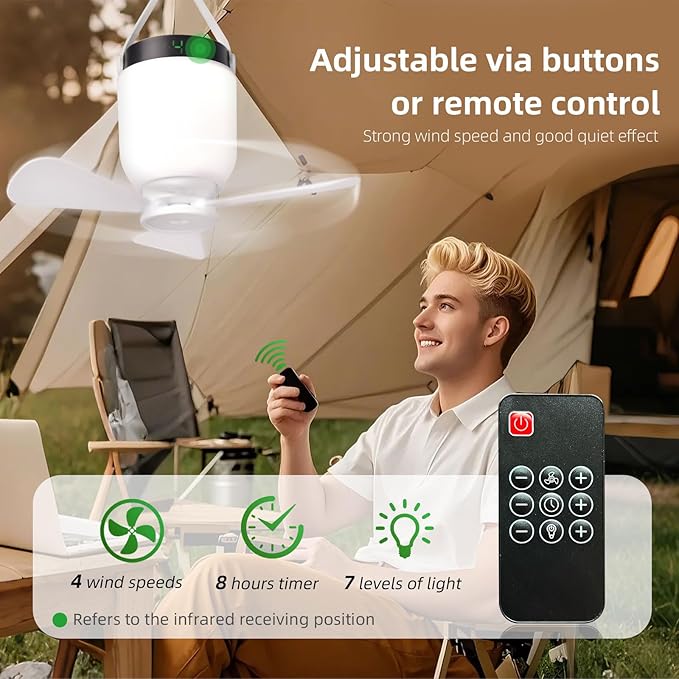 HOYECHI Camping Accessories Fan with Light - Portable Rechargeable Tent Fan with 8000mAh Battery, Remote Control & Hanging Hook - Cool Camping Gear for Tents, Outdoor, RV & Car Essentials
