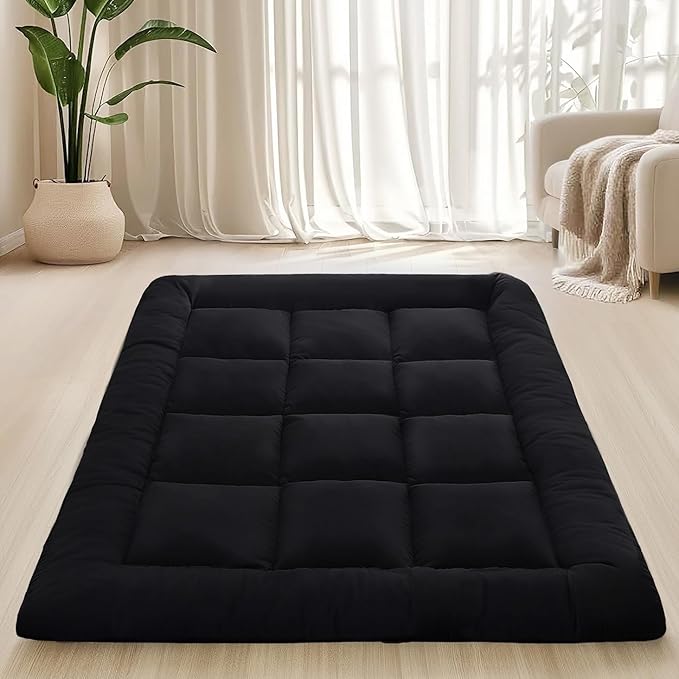 Japanese Floor Mattress Foldable & Portable Roll Up Futon Mattress 3" Black Tatami Mat for Adult and Kids，Shredded Memory Foam Filled with Straps Sleeping Pad Suitable for Camping，60"x 80" Queen Size