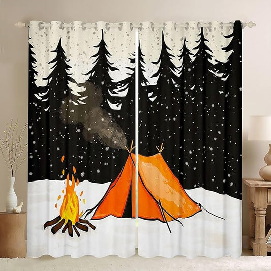 Erosebridal Tent Camping Window Curtains 42" Wx84 L Camping Adventure Blackout Curtains for Bedroom Living Room,Camper Pine Trees Campfire Window Treatments Rustic Farmhouse Drapes Decor 2 Panels