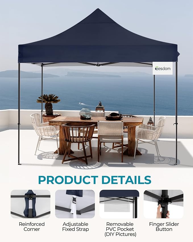 10x10 Pop Up Canopy with Wheeled Bag, Commercial Portable Canopy Tent, Easy Set Up, 4 Stakes & 4Sandbags & 4 Ropes, Waterproof Outdoor Shelter for Market, Parties, Navy Blue