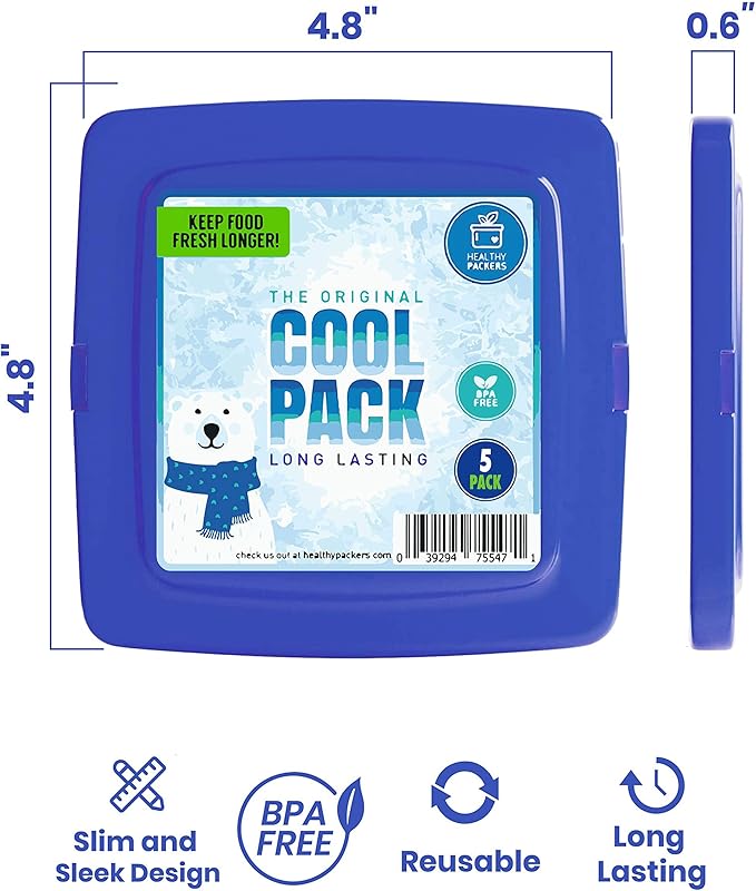 Healthy Packers Multi-Color Slim Long-Lasting Ice Packs for Lunch Box or Cooler Bag (5 or 10 pack)