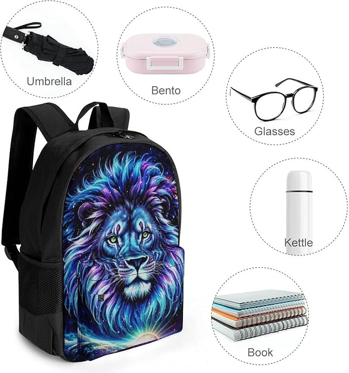 Backpack Multipurpose Anti-Theft Large Capacity Bookbag, Cool Lion In The Universe Surreal Style Space Art Travel Hiking Daypack With Side Pockets