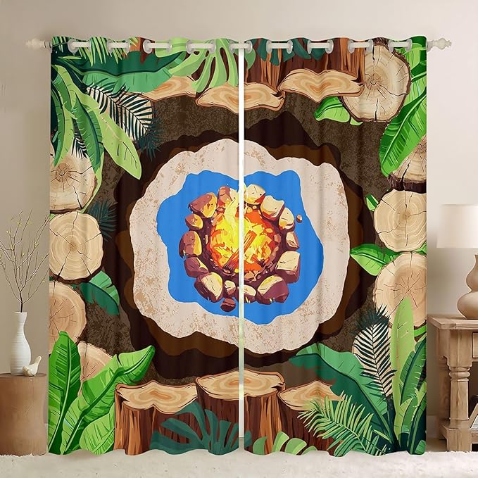 Camper Adventure Blackout Curtains,Bonfire Campfire Camp Adventue Window Drapes,Palm Leaf Tropical Plant Rustic Nursery Bedroom Playroom Decor,Brown 2 Panels,52Wx90L inch